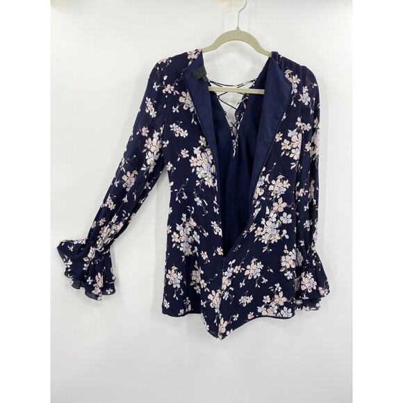Intermix Silk Romper size 2 Thali Floral Navy Balloon Sleeve V-neck Romantic - Picture 8 of 11